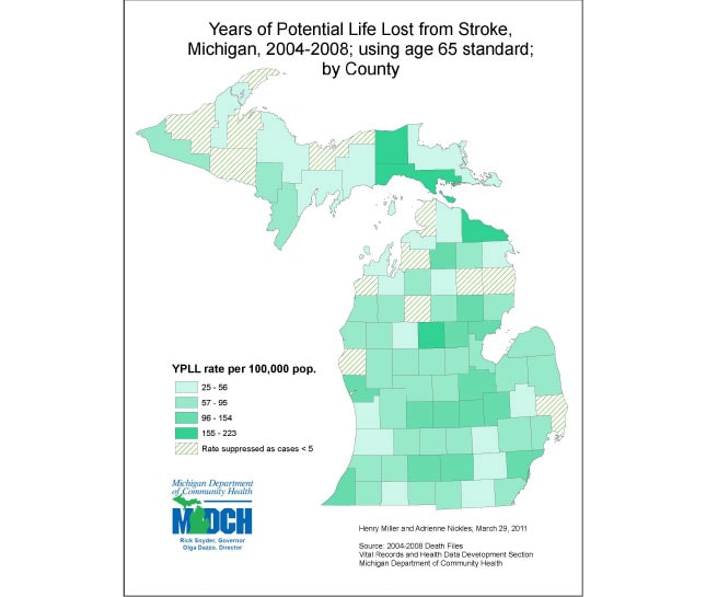 Years of Potential Life Lost from Stroke, Michigan, 2004-2008; using age 65 standard; by County