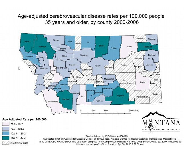 Age-adjusted stroke mortality rates per 100,000 people 35 years and older, by county, Montana, 2000-2006