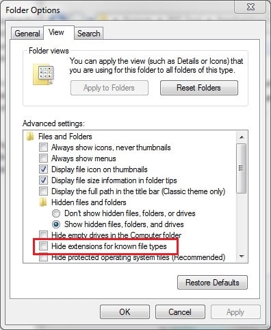 Folder options window with the View tab open.