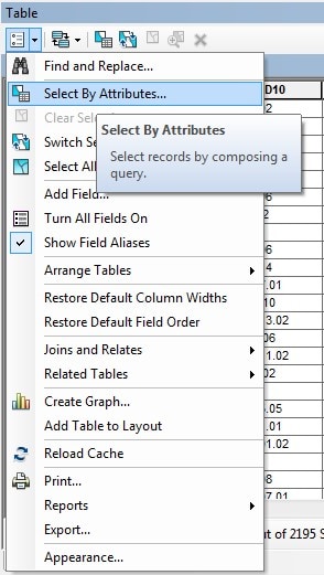 The Table Options window with the Select by Attributes option highlighted.