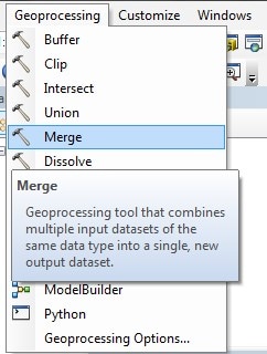 The Geoprocessing tab with Merge highlighted.