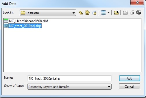 The Add Data option, with the .shp dataset file highlighted.