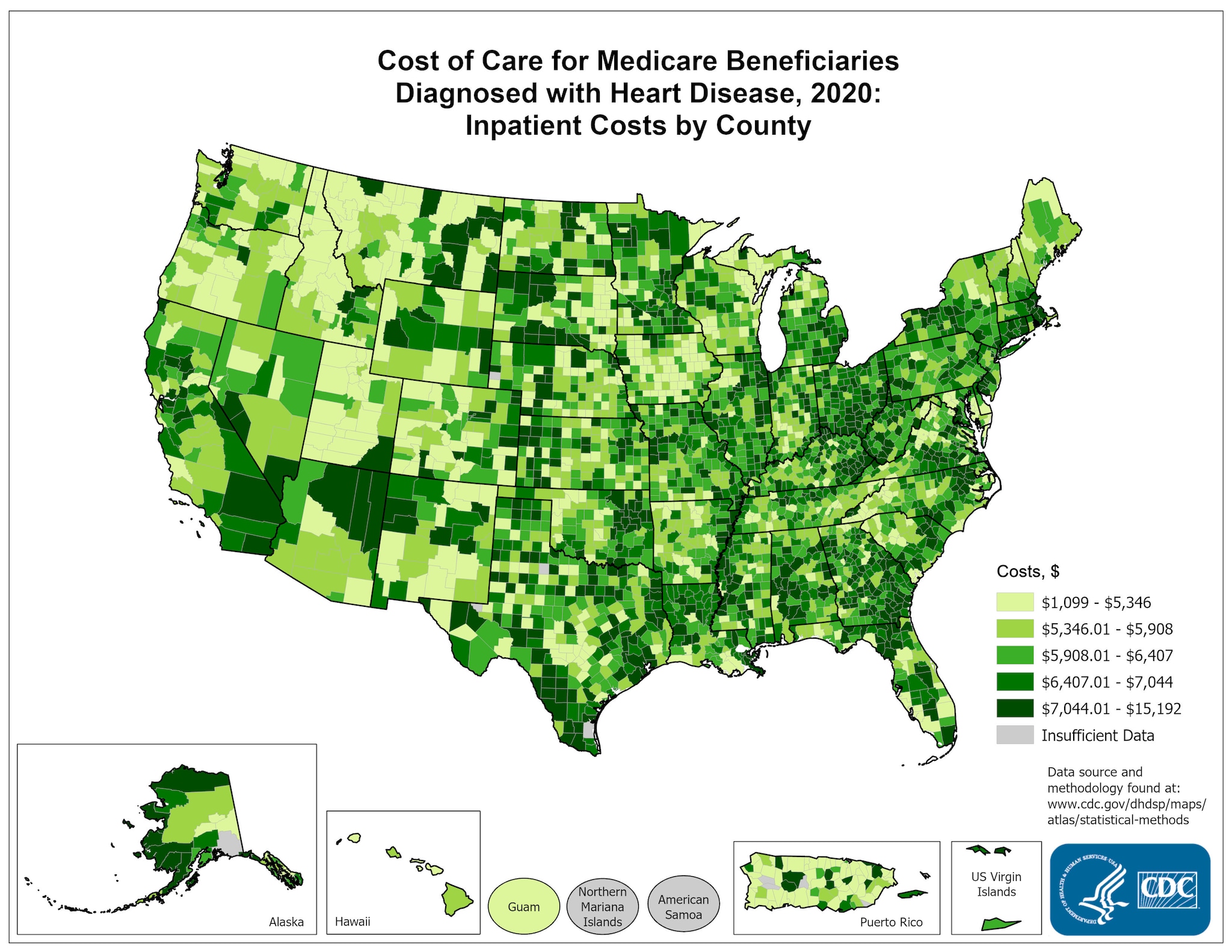 Costs of Care per Capita for FFS Medicare beneficiaries diagnosed with Heart Disease, 2015: Inpatient Costs, by county. This map shows the concentrations of counties with the highest inpatient costs per capita – meaning the top quintile – are located primarily in pockets of south Texas, North Carolina, Kentucky, Michigan, central California, Nevada, Arkansas, Missouri, Ohio, Florida, Pennsylvania, and New York.