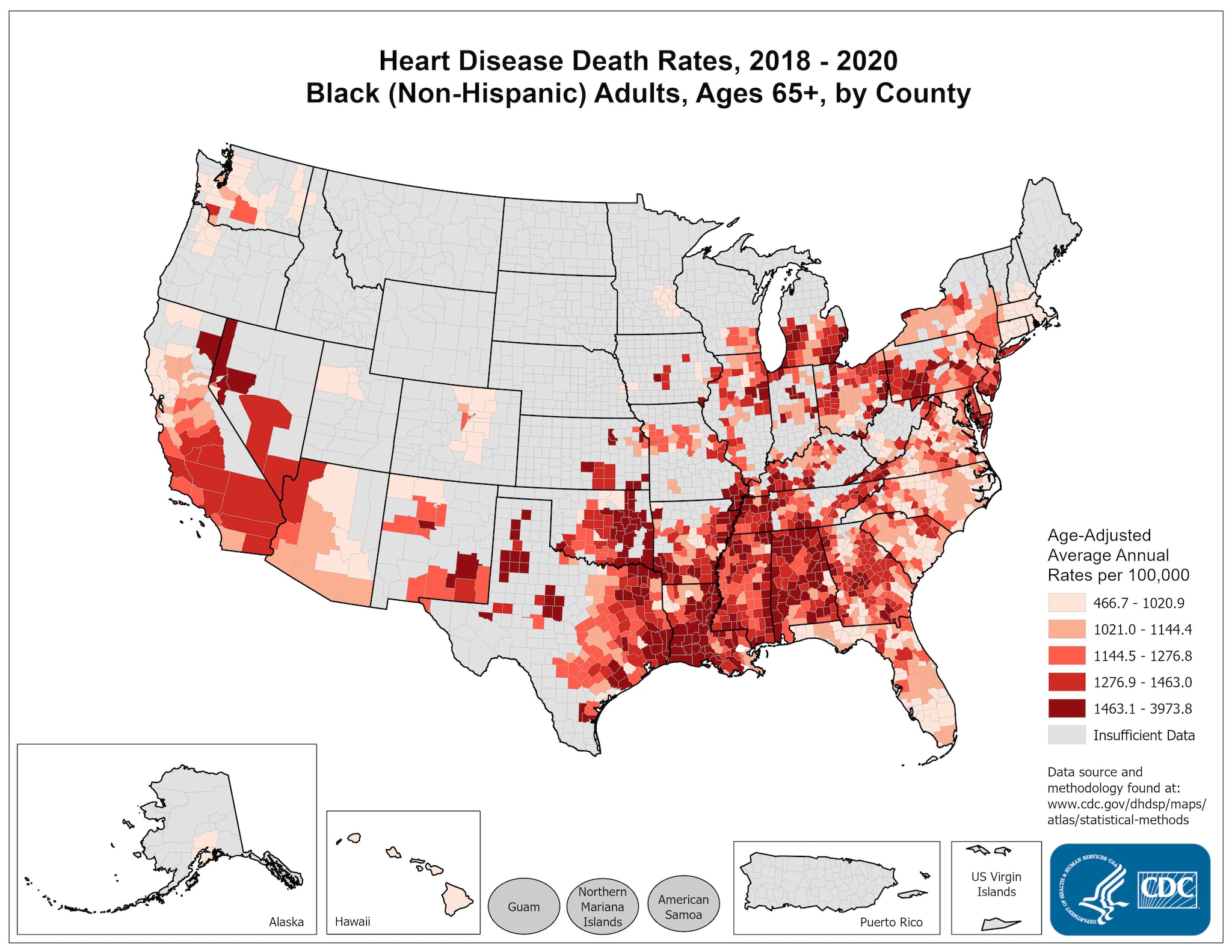 Heart Disease Death Rates for 2018 through 2020 for Blacks Aged 65 Years and Older by County