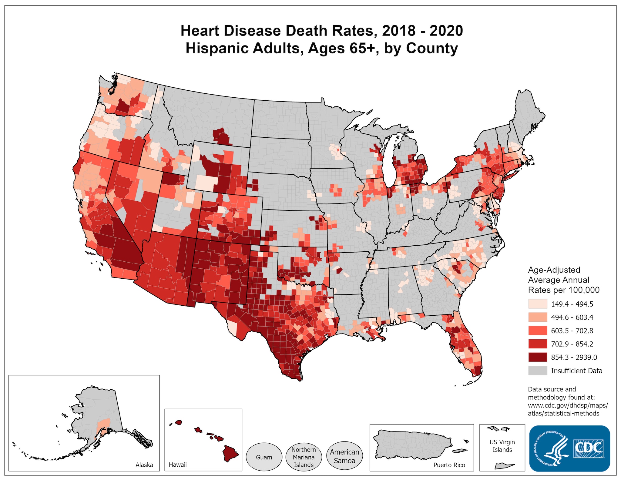 Heart Disease Death Rates for 2018 through 2020 for Hispanics Aged 65 Years and Older by County