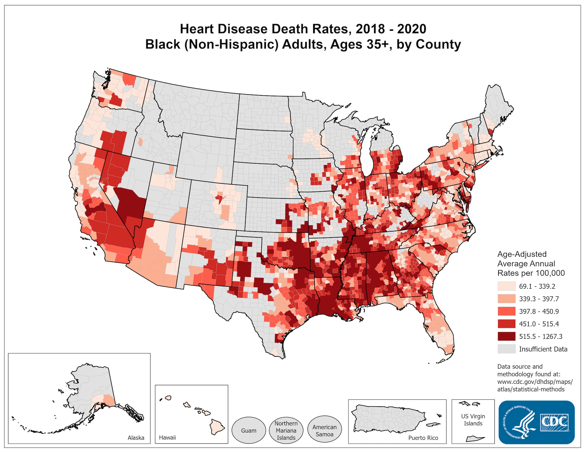 Heart Disease Death Rates for 2018 through 2020 for Blacks Aged 35 Years and Older by County