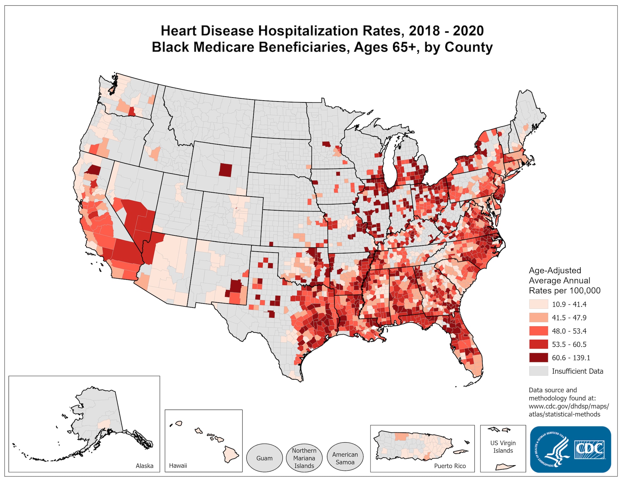 Heart Disease Hospitalization Rates for 2018 through 2020 for Blacks Aged 65 Years and Older by County