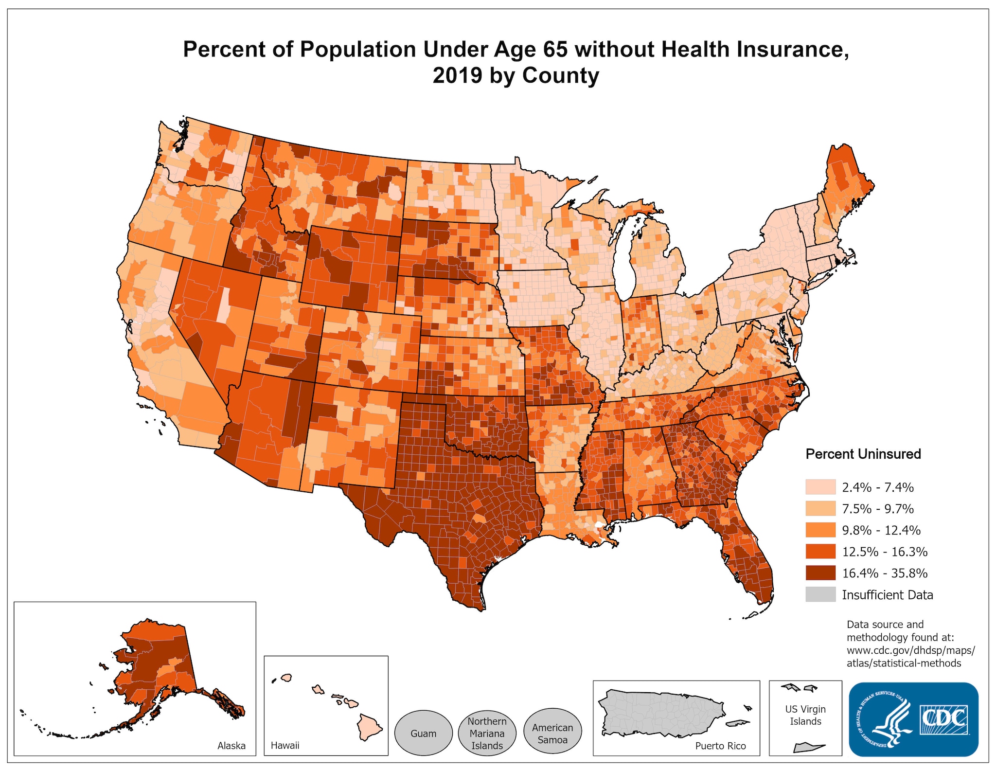 Percent Population under Age 65 without Health Insurance, 2014. Counties with the highest percentage of the population under age 65 without health insurance in 2014 were located primarily in Alaska, Texas, Georgia, Florida, Montana, New Mexico, and Arizona. The range in the percentage without health insurance was between 0% and 39.3%.