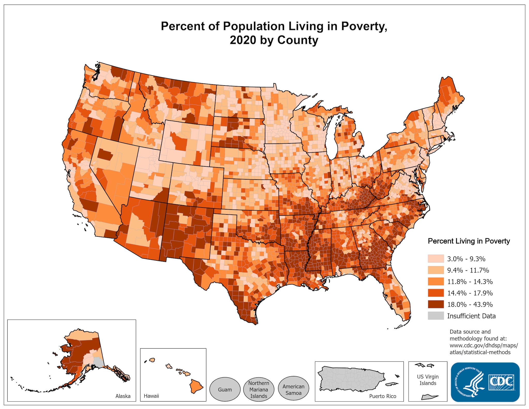 Percentage of population living in poverty, 2014. Counties with the highest percentage of the population living in poverty in 2014 were located primarily in Mississippi, southern Georgia, eastern Kentucky, and parts of Alaska, New Mexico, southern Texas, and Alabama. The range in the percentage living in poverty was between 3.2% and 52.2%.