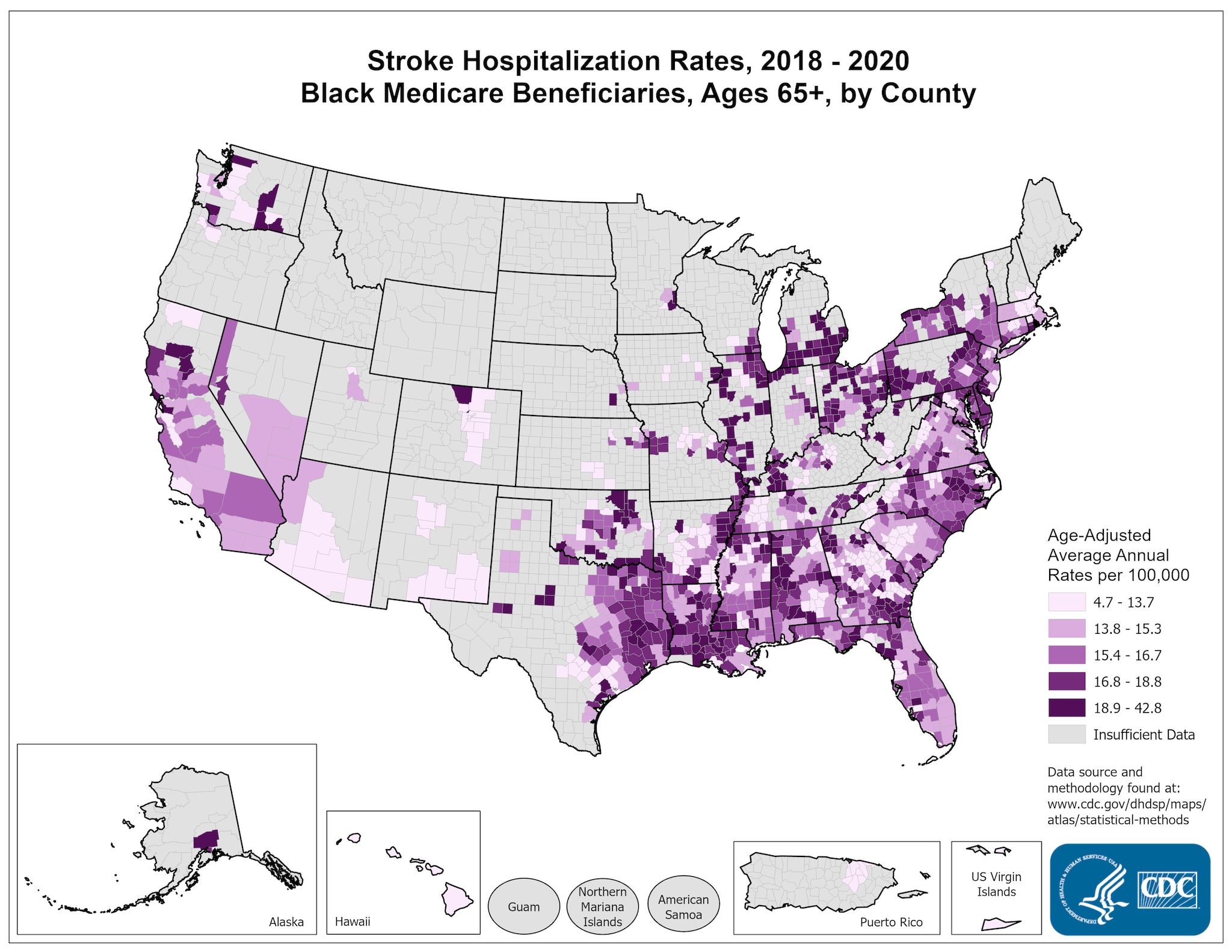 Stroke Hospitalization Rates for 2018 through 2020 for Blacks Aged 65 Years and Older by County