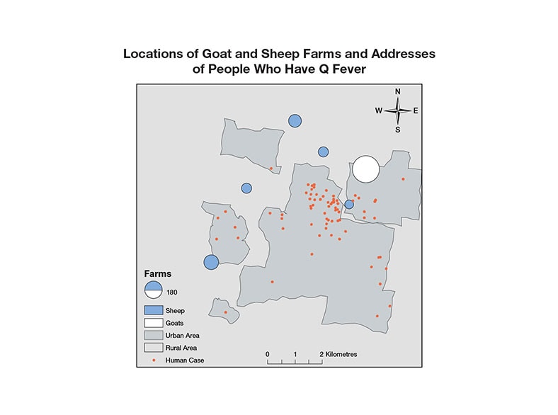 Locations of goat and sheep farms and addresses of people who have Q fever.