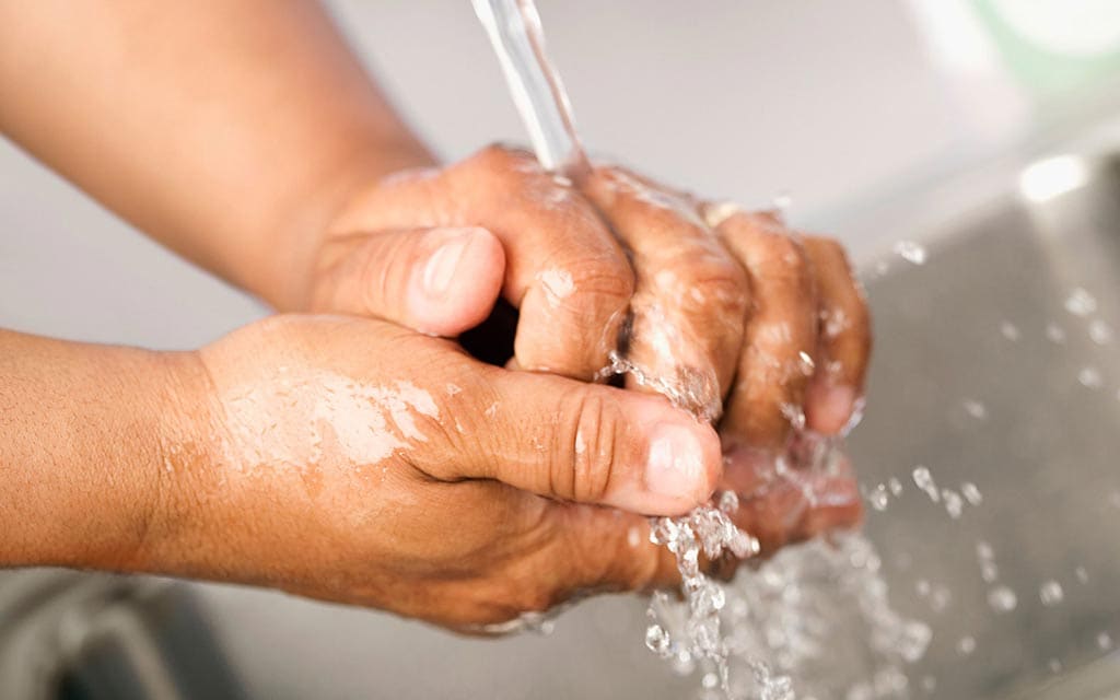 When washing hands, wet hands, use soap, rub hands together for at least 20 seconds to lather, and then rinse under running water. Dry with a clean towel or air dry.