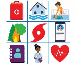 A first aid kit, house facing flooding, a mother putting her baby to sleep, a forest fire, a hurricane, a cell phone, a contacts book, a doctor, and a heart rate.