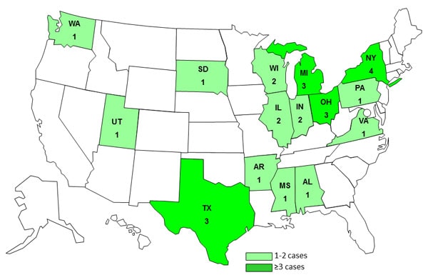 April 5, 2013 Case Count Map: Persons infected with the outbreak strain of E. coli O121, by state