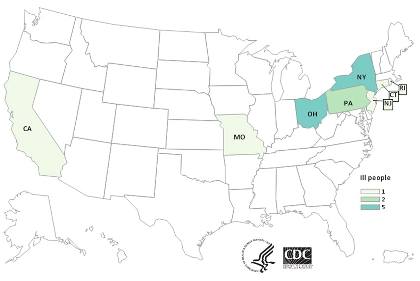 Map of United States - People infected with the outbreak strain of E. coli, by state of residence, as of May 24, 2019