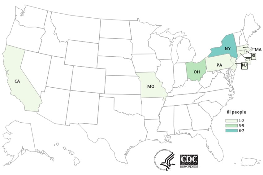 Map of United States - People infected with the outbreak strain of E. coli, by state of residence, as of July 10, 2019