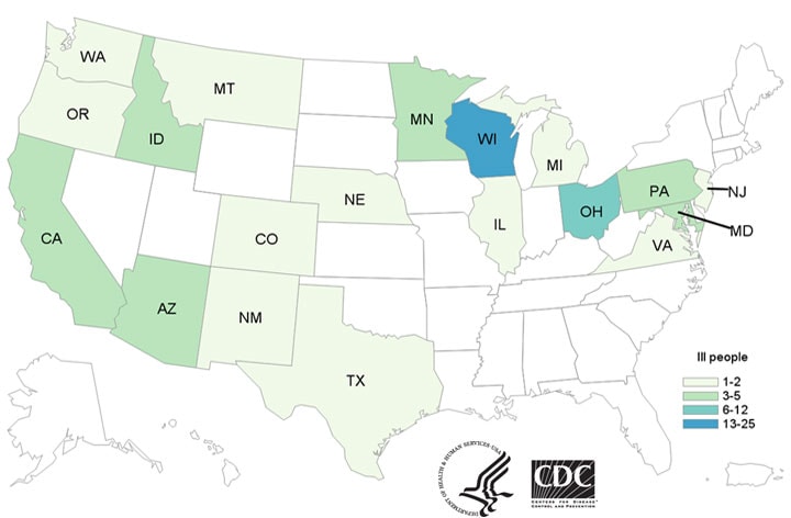 Map of United States - People infected with the outbreak strain of E. coli, by state of residence, as of November 25, 2019