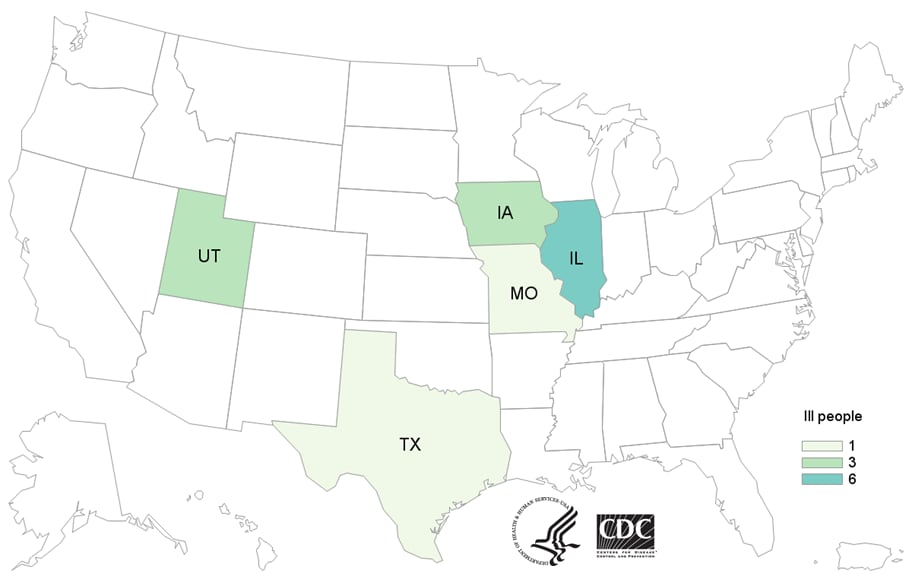 Map of United States - People infected with the outbreak strain of E. coli, by state of residence, as of February 25, 2020