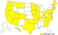 A map of the United States displaying cases of E. coli as of March 1, 2009 to June 25, 2009