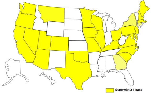 Mapa de los Estados Unidos que muestra los casos de infecciones por E. coli desde el 1 de marzo, 2009 al 30 de junio, 2009