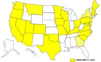 Mapa de los Estados Unidos que muestra los casos de infecciones por E. coli desde el 1 de marzo al 30 de junio del 2009