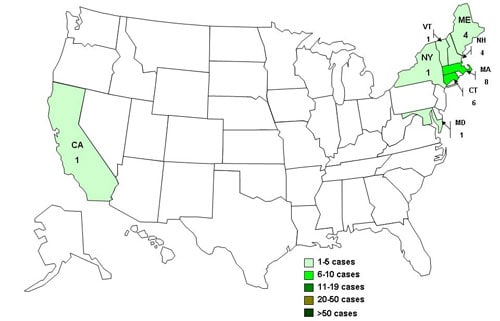 States where persons infected with the outbreak strain of E. coli O157:H7 live, United States, by state, from August 21, 2009 to November 20, 2009
