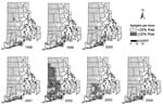 Thumbnail of Risk for human case of babesiosis, Rhode Island, USA, derived from simple logistic regression analysis of census tracts with and without babesiosis cases (Figure 1), predicted by average Ixodes scapularis nymphs collected per hour per census tract. The cut-off level for the 2 classes was decided by the number of nymphs collected per hour needed to create a 20% probability of a babesiosis case occurring in a census tract. The continuous nymphal tick abundance surface was modified to