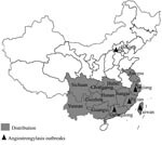 Thumbnail of Distribution of Pomacea canaliculata in China. The dark triangles indicate the regions where angiostrongyliasis outbreaks were reported due to ingestion of raw or undercooked P. canaliculata snails.