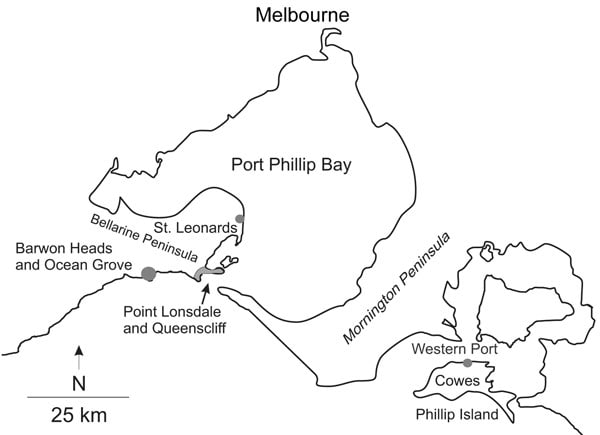 Map of central coastal Victoria, Australia, showing towns and places referred to in the text or in associated references.