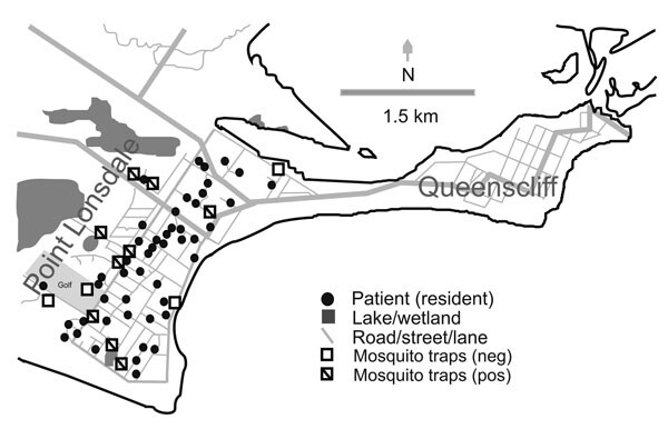 Map of Point Lonsdale/Queenscliff, Australia (postcode 3225), showing location of houses of affected permanent residents, mosquito traps, and other features mentioned in the text. Not all traps yielded PCR-positive mosquitoes during the trapping period. Neg, negative; pos, positive.