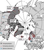 Thumbnail of Figure 2&nbsp;-&nbsp;The International Circumpolar Surveillance system participating regions (dark gray), laboratories (small dots), and reference laboratories (large dots).