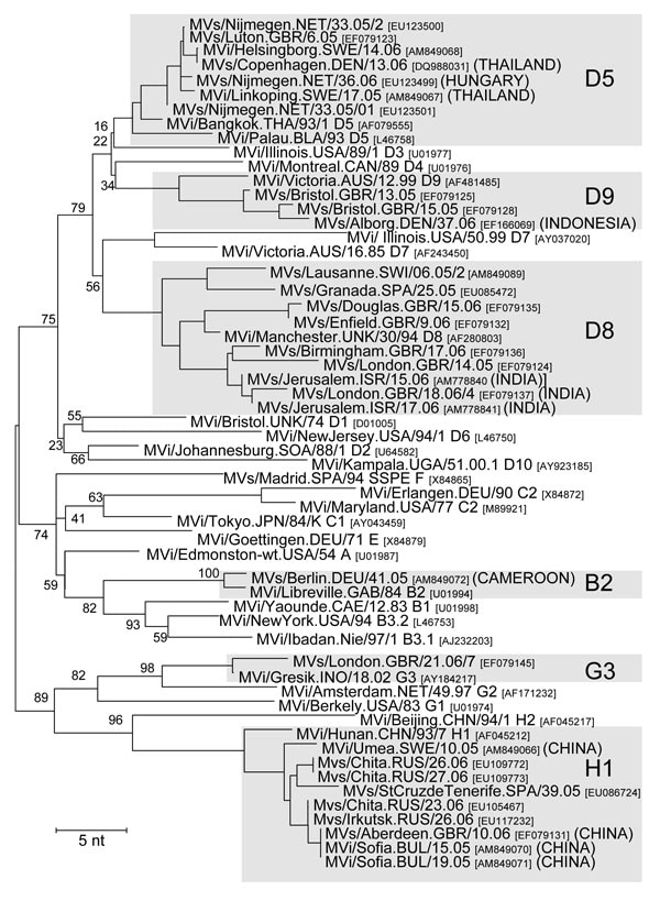 Phylogenetic tree of all measles virus (MV) variants that were identified in Europe during 2005–2006 and that belonged to genotypes other than D4, D6, and B3. Confirmed importations from other continents are shown in brackets. Reference strains of all known MV genotypes were also included. Tree calculation and MV nomenclature are as delineated in Figure 1.