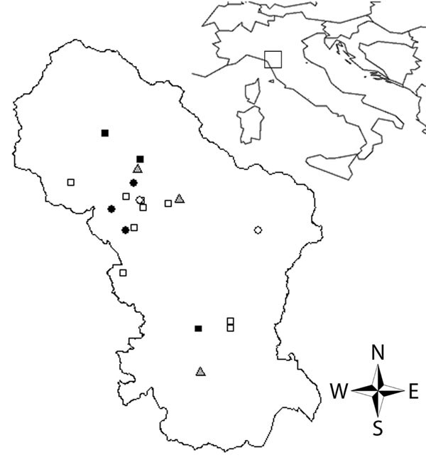 Distribution of tick-borne lymphadenopathy cases in Tuscany, Italy. Circles indicate cases, squares indicate patients bitten by Dermacentor marginatus who were not classified as case-patients, and triangles indicate emergency units. Negative (white symbols) and positive (dark symbols) PCR results for spotted fever group rickettsiae are indicated.