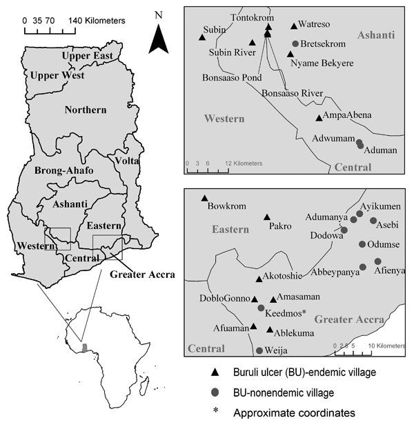 Figure 1&nbsp;-&nbsp;Regional site map of water bodies sampled in Ghana for aquatic invertebrates during 2004, 2005, or both. Small maps on left show location of Ghana in Africa and location of regions sampled within Ghana (boxes).