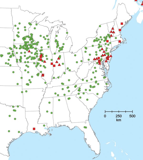 Locations of pastured-pig operations (green dots) and previous records of Trichinella spiralis in domestic pigs (red squares) and wildlife (red triangles), United States.