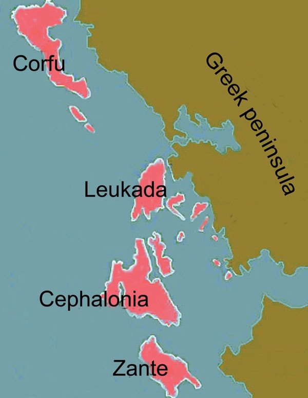 The 4 large Ionian Islands, which were under Venetian rule, and the Greek peninsula, which was under Ottoman rule, during the period studied (17th and 18th centuries).