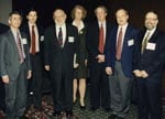 Thumbnail of Keynote speakers at the inaugural International Conference on Emerging Infectious Diseases in Atlanta, March 8–11, 1998. Left to right: Anthony Fauci, David Heymann, Joshua Lederberg, Claire Broome, James Hughes, Guthrie Birkhead, D. Peter Drotman.