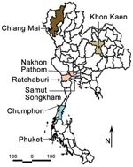 Thumbnail of Provinces of Thailand showing study sites in Phuket, Chiang Mai, Ratchaburi, Nakhon Pathom, Khon Kaen, Chumphon, and Samut Songkham.