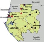 Thumbnail of Chikungunya and dengue outbreaks in Gabon, 2007. Distribution of the outbreak and location of the 7 towns where suspected cases have been laboratory confirmed by using quantitative reverse transcription–PCR assay are shown. Chikungunya cases are represented by red circles, dengue cases by blue circles, and cases negative for the viruses by green circles. Testing methods are described in the footnote to the Table.