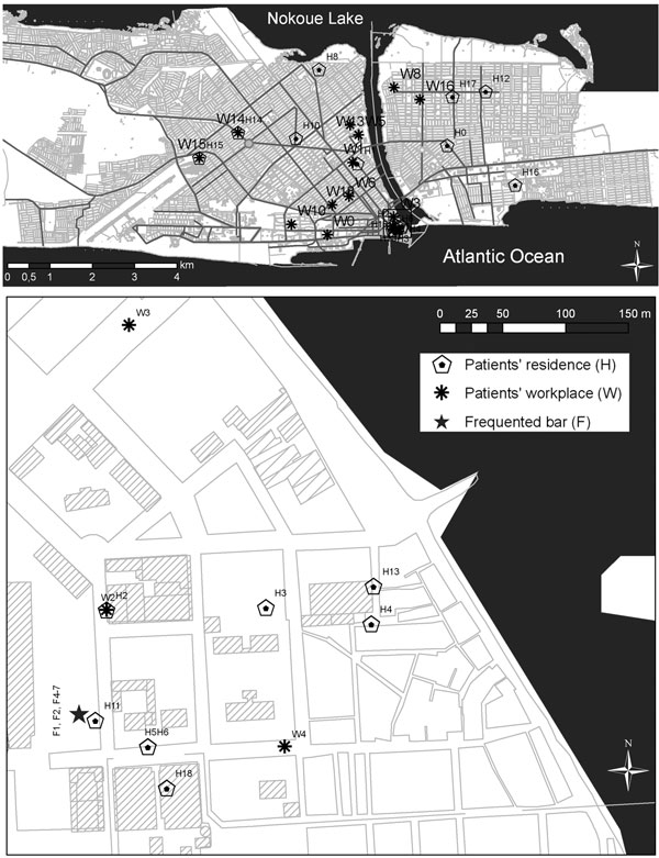 Maps showing residences and workplaces of Mycobacterium tuberculosis patients in Xwlacodji, Cotonou, Benin, 2005–2006.