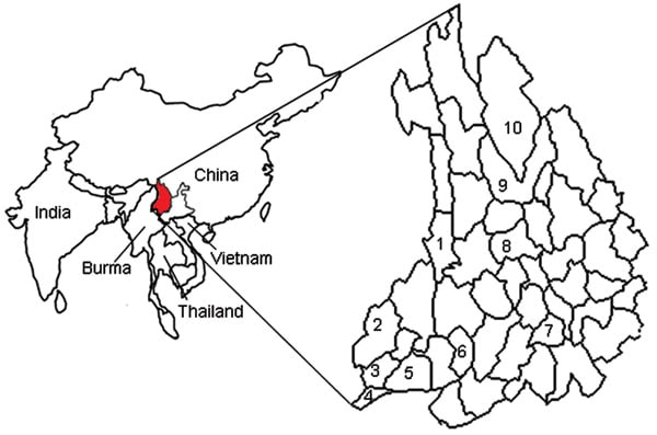 Counties in the Hengduan Mountain region of Yunnan Province where Kyasanur Forest disease virus antibody has been detected. 1, Lushuii County, antibody found in 31.6% of humans, 25.5% of birds, and 15.4% of rodents; 2, Yingjiang County, antibody found in 46.7% of humans; 3, Longchuang County, antibody found in 6.4% of humans; 4, Ruili County, antibody found in 7.7% of humans; 5, Mangshi County, antibody found in 32.5% of humans; 6, Shidan County, antibody found in 6.3% of humans; 7, Nanjian Coun