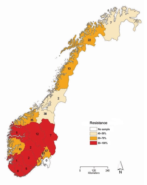 Proportion of oseltamivir-resistant influenza viruses A (H1N1) in the 2007–08 influenza season in Norway, by county of sampling. The total number of samples analyzed for each county is given inside each county.