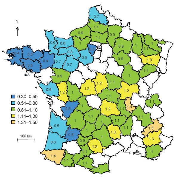 Distribution of control weightings calculated as the ratio of the percentage of flocks with &gt;20 ewes in the county over the average percentage of flocks with &gt;20 ewes for atypical scrapie in sheep, in France, 2007. Ranges represent classes of weightings.