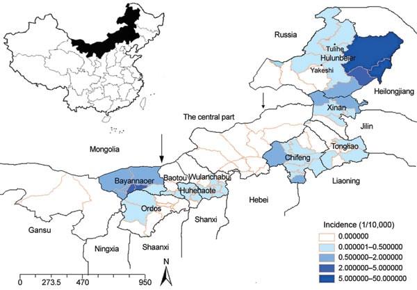Geographic distribution and average annual incidence of hemorrhagic fever with renal syndrome by district in Inner Mongolia, China, 2001–2006. Arrows mark, from left to right, divisions between western, central, and eastern Inner Mongolia.