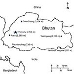 Thumbnail of Map of Bhutan. Selected cites are indicated by enclosed circle and elevation of the city in meters in parentheses.