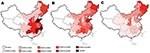 Thumbnail of Geographic distribution and annual incidence of hemorrhagic fever with renal syndrome in China in 1986 (A), 1996 (B), and 2006 (C).