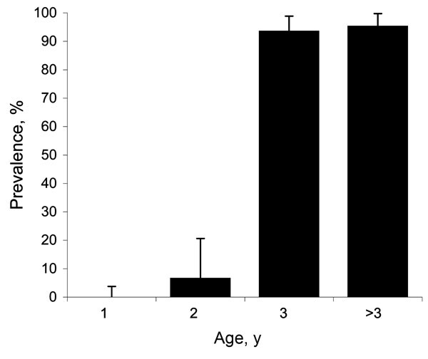 Results of ELISA to detect bluetongue virus (BTV) viral protein 7 in 200 serum samples collected from red deer, Spain. Results from yearlings were negative; results from adults showed an age-increasing trend of contact with BTV. Bars represent 95% confidence intervals for prevalence (binomial exact, Clopper-Pearson).
