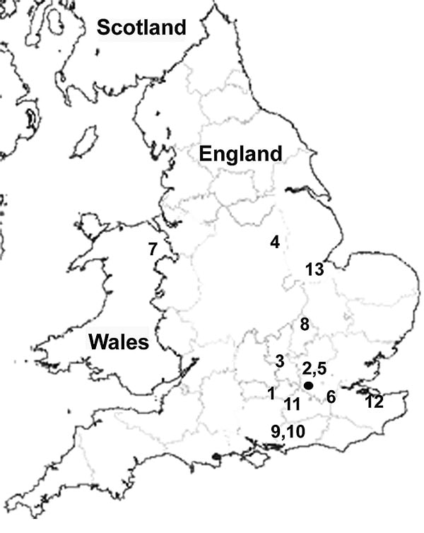 Map of United Kingdom showing geographic location of the 13 Salmonella enterica serovar Virchow isolates bearing rmtC. Each number represents 1 isolate in chronologic order of isolation as shown in Table 2.