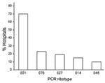 Thumbnail of Prevalent PCR ribotypes of Clostridium difficile in hospitals in Germany, 2008. Eighty-four hospitals sent isolates from patients with severe C. difficile infections to the Robert Koch Institute. Ribotype 001, responsible for severe infections in 59 hospitals (70%), was the most prevalent ribotype, followed by ribotype 078 (19 hospitals, 23%), ribotype 027 (16 hospitals, 19%), ribotype 014 (13 hospitals, 15%), and ribotype 046 (8 hospitals, 10%).
