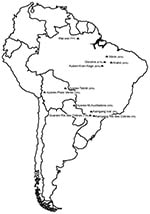 Thumbnail of Locations and respective human herpesvirus type 8 seroprevalence rates (%) of Native American populations studied, South America.